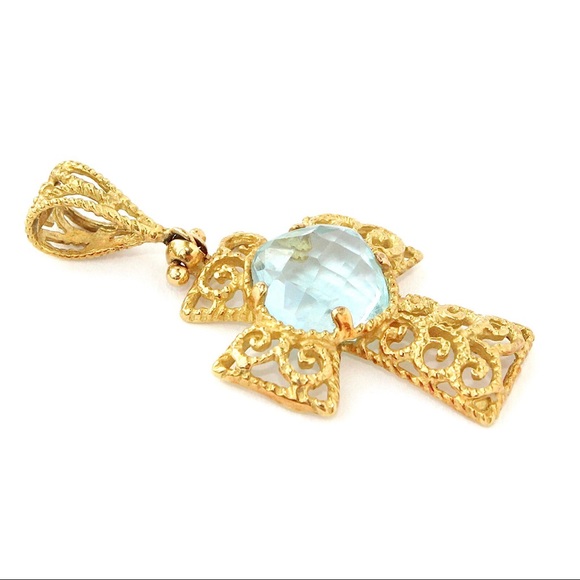 Vintage 18K Gold Sky Blue Topaz Cross Pendant Filigree Scroll Openwork Italian - Picture 3 of 7